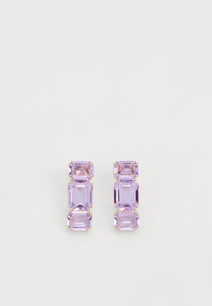 Purple acrylic earrings featuring rectangular cut stones in a stacked design, secured with gold-tone metal accents.