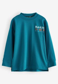 Tyrkysová odľahčená dlhá rukávová tričko s výstrihom do crew neck s logom "BAKER" a malou grafikou na hornej ľavej časti hrude a textom na pravom manžete rukáva.