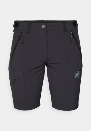 Black shorts with a smooth texture, featuring two zippered pockets, a cargo pocket, and a logo of an elephant on the bottom right.