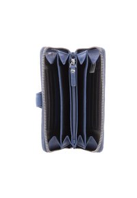 Portafoglio in pelle blu con molteplici scomparti, una sezione con zip e interni testurizzati. Dotato di accessori in argento e chiusura a zip.