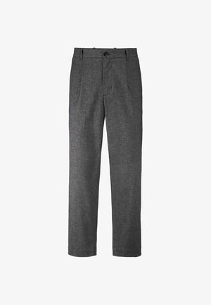 Graue Wollhosen mit maßgeschneidertem Schnitt. Sie verfügen über einen Einzelknopfverschluss, Vorderfalten und Seitentaschen. Glatte Textur und gerades Bein Design.