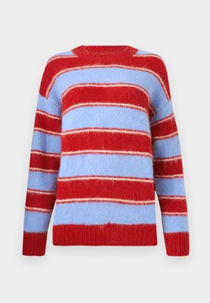 Striped sweater in red and light blue, made of soft, fuzzy material. Features wide horizontal stripes and a crew neckline.