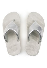 Silver flip-flops with textured rubber soles, featuring a metallic leather strap and embossed floral design on the footbed.