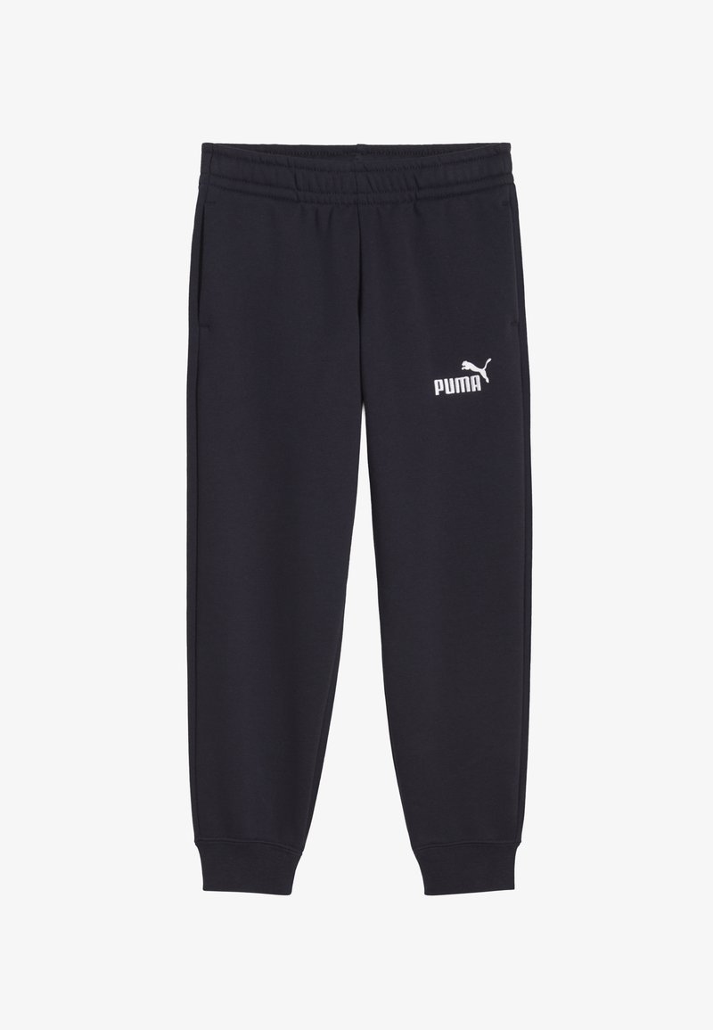 Jūras zilas sporta bikses ar elastīgu jostu un sānu kabatām, ar baltu Puma logotipu kreisajā augšstilbā.