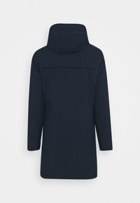 Marine vanntett jakke med hette, med rett snitt, lange ermer og bakventil for ventilasjon. Glatt stofftekstur.