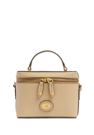 Small beige leather handbag with a top handle, gold zipper and double zipper pulls, and an oval gold logo plaque on front.