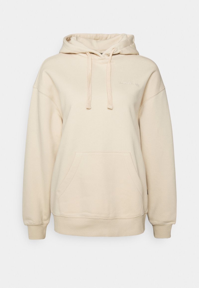 Sweat à capuche couleur crème avec poche avant, cordon de serrage à la capuche, poignets côtelés et logo discret sur la poitrine gauche.