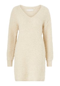 Abito in maglia color crema con scollo a V, maniche lunghe e tessuto morbido e testurizzato per maggiore calore e comfort.