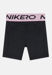 Čierne športové šortky s ružovým elastickým pásom s logom "NIKE". Navrhnuté na priliehavý vzhľad s elastickou látkou a bočnými švami.