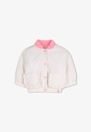 Witte bomberjack met een roze geribbelde kraag, roze knopen en gerimpelde zakken. Het heeft een cropped ontwerp en elastische boorden en zoom.