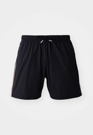Shorts de bain noirs en matériau léger, avec une taille élastique à cordon de serrage et des rayures latérales de couleur contrastante.