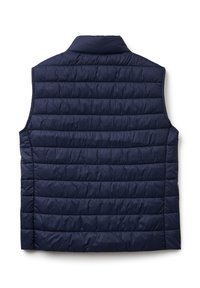 Navy modrá puffer vesta s stojáčkem, s horizontálně prošívanou texturou a bez rukávů, vyrobená z lehkého, voděodolného materiálu.