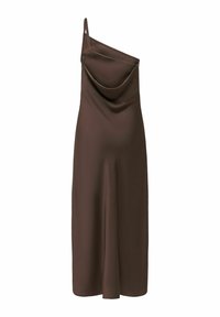 Robe midi en satin marron avec une bretelle spaghetti asymétrique et un col drapé, ajustée en haut et fluide sous le genou.