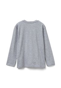 Langärmeliges, meliertes graues Shirt, flach liegend und von der Rückseite gezeigt, mit rundem Halsausschnitt und einfachen, nahtlosen Saumdetails.