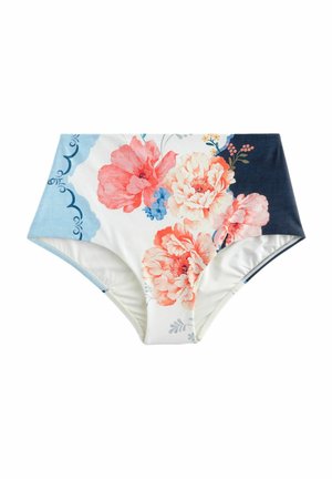 Hög midjebikiniunderdel i en kombination av vit, blå och mörk marinblå med stora blommönster i korall och pastellfärger. Slät tygtextur.