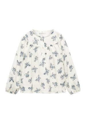 Biała bluzka z długim rękawem z niebieskim nadrukiem motyli, okrągłym dekoltem, zapinana na guziki z przodu oraz z elastycznymi mankietami.