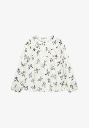 Biała bluzka z długim rękawem z niebieskim nadrukiem motyli, okrągłym dekoltem, zapinana na guziki z przodu oraz z elastycznymi mankietami.