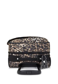 Rolling bag in a leopard print design, made of durable fabric with a retractable handle and a black plastic tag featuring a monkey silhouette.