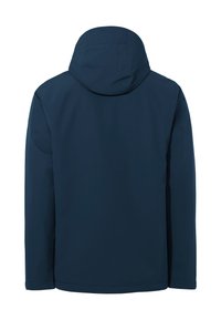 Veste imperméable bleu foncé avec capuche, présentant des manches longues et une coupe droite. Texture lisse et pas de détails matériels visibles.