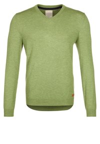 Langarm-Pullover mit V-Ausschnitt aus leichtem grünem Strickstoff. Verfügt über einen kleinen roten Akzent am unteren Saum und hat eine glatte Textur.