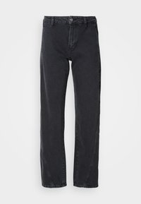 Svarte denimjeans med rett ben-design, med midjehøyde, knappelukking og dekorative sømmer langs sidesømmene.