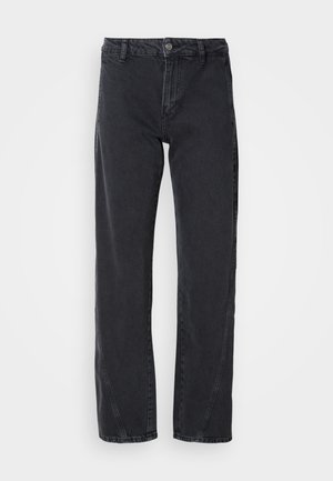 Black denim jeans with a straight leg design, featuring a mid-rise waist, button closure, and accent stitching along the side seams.