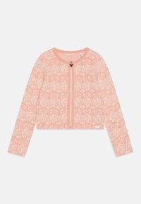 Jasnoróżowy krótki kardigan z geometrycznym wzorem, zamykany na zamek błyskawiczny z przodu, z okrągłym dekoltem. Posiada miękką dzianinową fakturę.