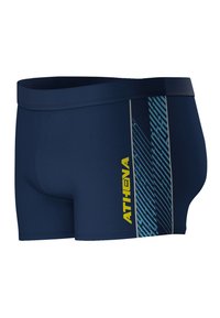 Shorts de bain navy avec un motif de rayures diagonales bleu et blanc, arborant un logo jaune "ATHENA" sur le côté. Fabriqués en tissu extensible.