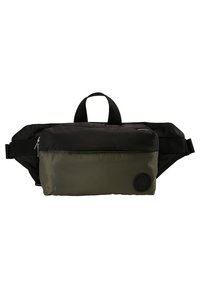 Marsupio nero e verde oliva realizzato in nylon resistente, dotato di una maniglia superiore, cinturini regolabili e una vistosa patch con logo.