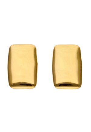 Pereche de cercei aurii, dreptunghiulari, netezi, cu margini rotunjite, pe un fundal alb.