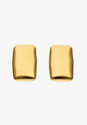 Pereche de cercei aurii, dreptunghiulari, netezi, cu margini rotunjite, pe un fundal alb.