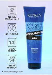 Blauwe tube van Redken Max Sculpting Gel, 250 ml. Bevat gedurfde witte tekst, zwarte band, ronde dop en iconen die sterke hold, geen schilfers en veganistische formule aangeven.