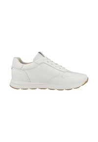 Weißes Leder-Sneaker mit glatter Textur, niedrigem Profil, runder Zehenpartie und Schnürverschluss sowie einer kontrastierenden Gummisohle.