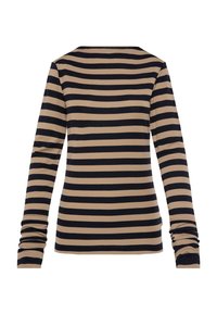 Langärmliges Oberteil mit horizontalen Streifen in Beige und Marineblau. Weicher Stoff, taillierte Passform und runder Ausschnitt. Keine sichtbare Markenkennzeichnung.