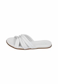 White leather slide sandal with multiple braided straps and a flat sole. Features subtle silver hardware accents for added detail.