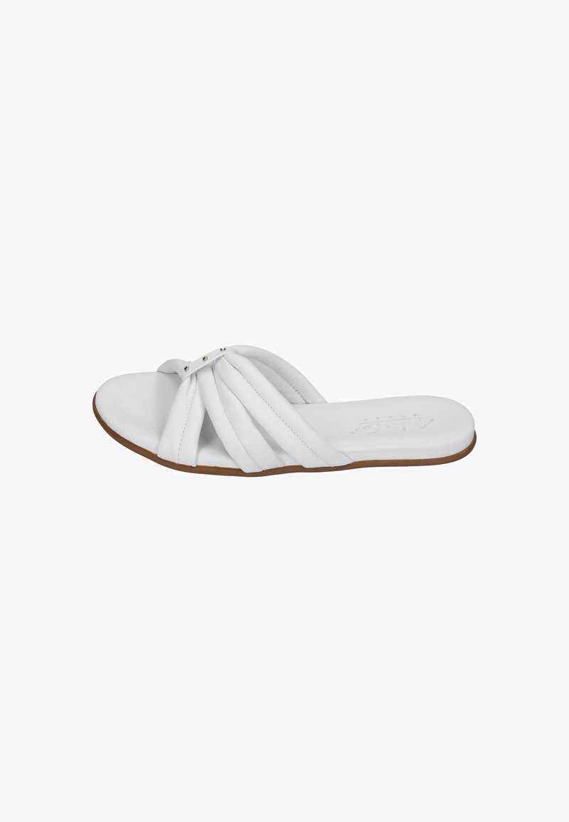 White leather slide sandal with multiple braided straps and a flat sole. Features subtle silver hardware accents for added detail.