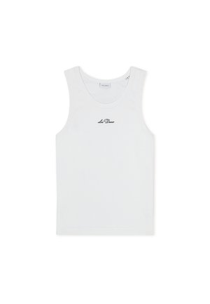 Weißes Baumwoll-Top mit rundem Ausschnitt und schwarzem, gesticktem Logo. Einfaches Design, ärmellos und weiche Textur.