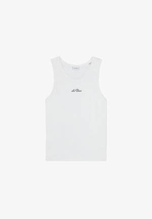 Weißes Baumwoll-Top mit rundem Ausschnitt und schwarzem, gesticktem Logo. Einfaches Design, ärmellos und weiche Textur.