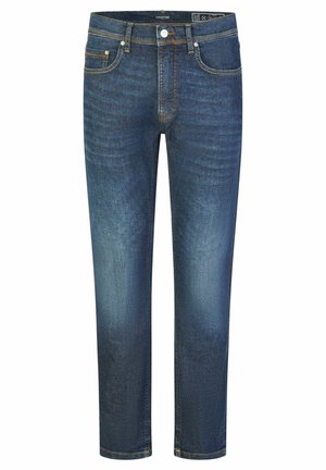 Dunkelblaue Jeans aus Denim mit geradem Bein, Fronttaschen und sichtbaren Nahtakzenten. Glatte Textur mit leichtem Verblassen.