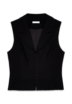 Black sleeveless vest with a sharp collar, fitted design, front zipper closure, and smooth fabric texture. No visible patterns or accents.