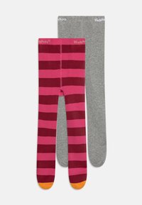 Zwei Leggings: eine mit rosa und burgunderfarbenen Streifen, orangefarbene Akzente an den Füßen; die andere einfarbig grau. Weicher, dehnbarer Stoff.