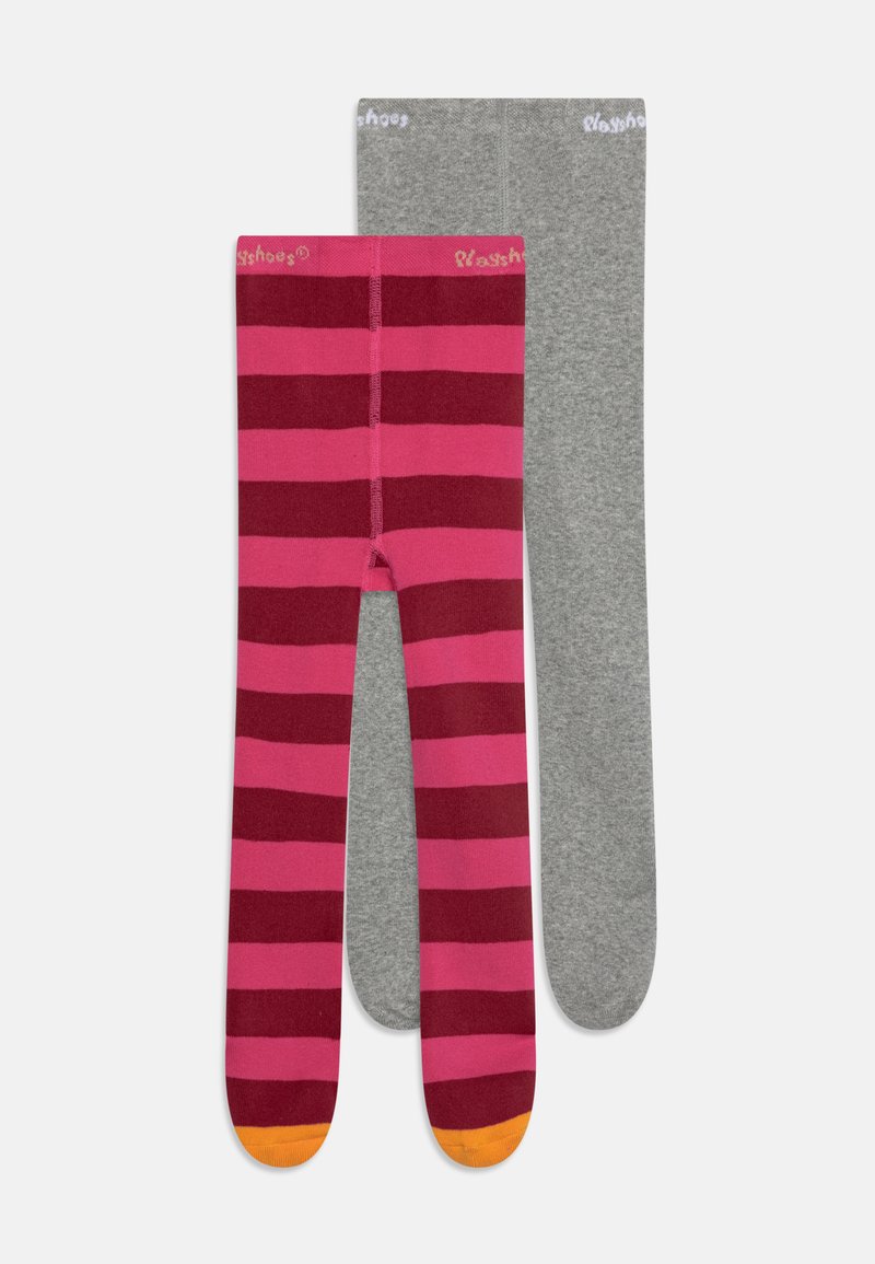 Zwei Leggings: eine mit rosa und burgunderfarbenen Streifen, orangefarbene Akzente an den Füßen; die andere einfarbig grau. Weicher, dehnbarer Stoff.