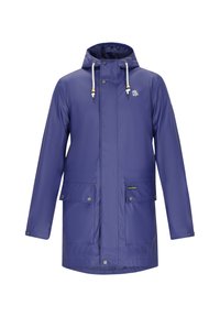 Fioletowy wodoodporny płaszcz z kapturem, z zapięciem na zatrzaski, dwoma przednimi kieszeniami i akcentami w postaci sznureczków. Gładka, błyszcząca tekstura.