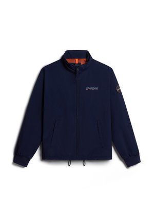 Marineblauwe windjack met een hoge kraag, een ritssluiting aan de voorkant, elastische manchetten, zijzakken en een oranje voering.