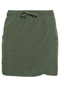 Minifalda deportiva de color verde oliva, hecha de tela elástica, con una cintura elástica y cordón, y dos bolsillos laterales.