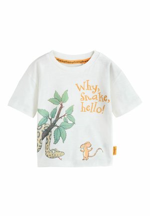 Cămașă albă cu mâneci scurte, cu un șarpe desen animat atârnând de o ramură și un șoarece, textul spune „De ce, Șarpe, salut!” cu litere portocalii.