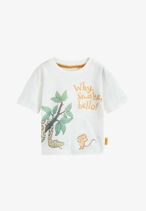 Bijela košulja kratkih rukava s crtanim zmijom koja visi s grane i mišem, tekst glasi "Zašto, Zmijo, bok!" narančastim slovima.