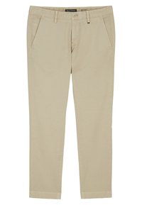 Beige bomullschinos med rak bendesign, sidofickor och bakfickor, bälteshål och diskret sömdetalj vid fållen.