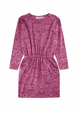 Robe violette à manches longues avec taille élastique, présentant un motif détaillé de visage de chouette sur l'ensemble du tissu.