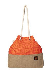 Orange and beige fabric tote bag with rope handles, featuring repeated "HAPPY" text pattern and small black label on beige section.
